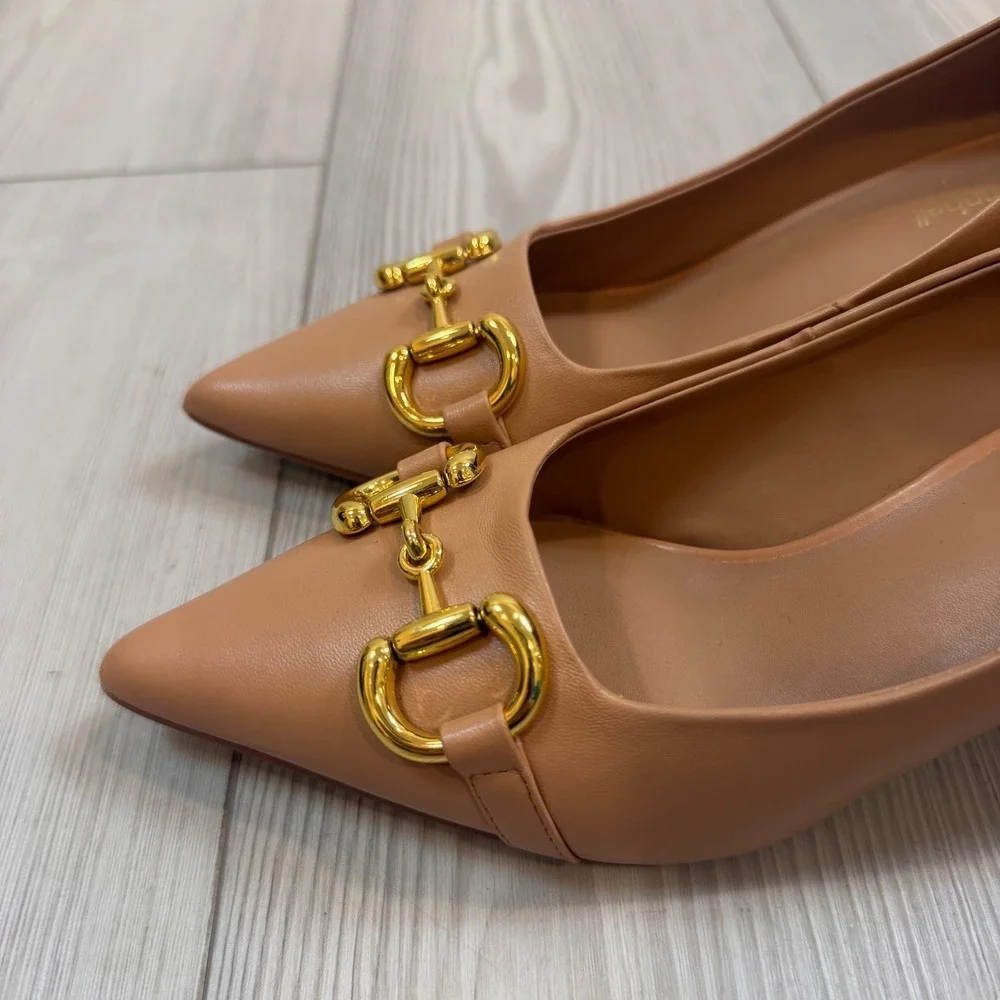 Jeffrey Campbell Tan Leather Pointed Toe Horsebit Block Heel Pumps Womens 7.5